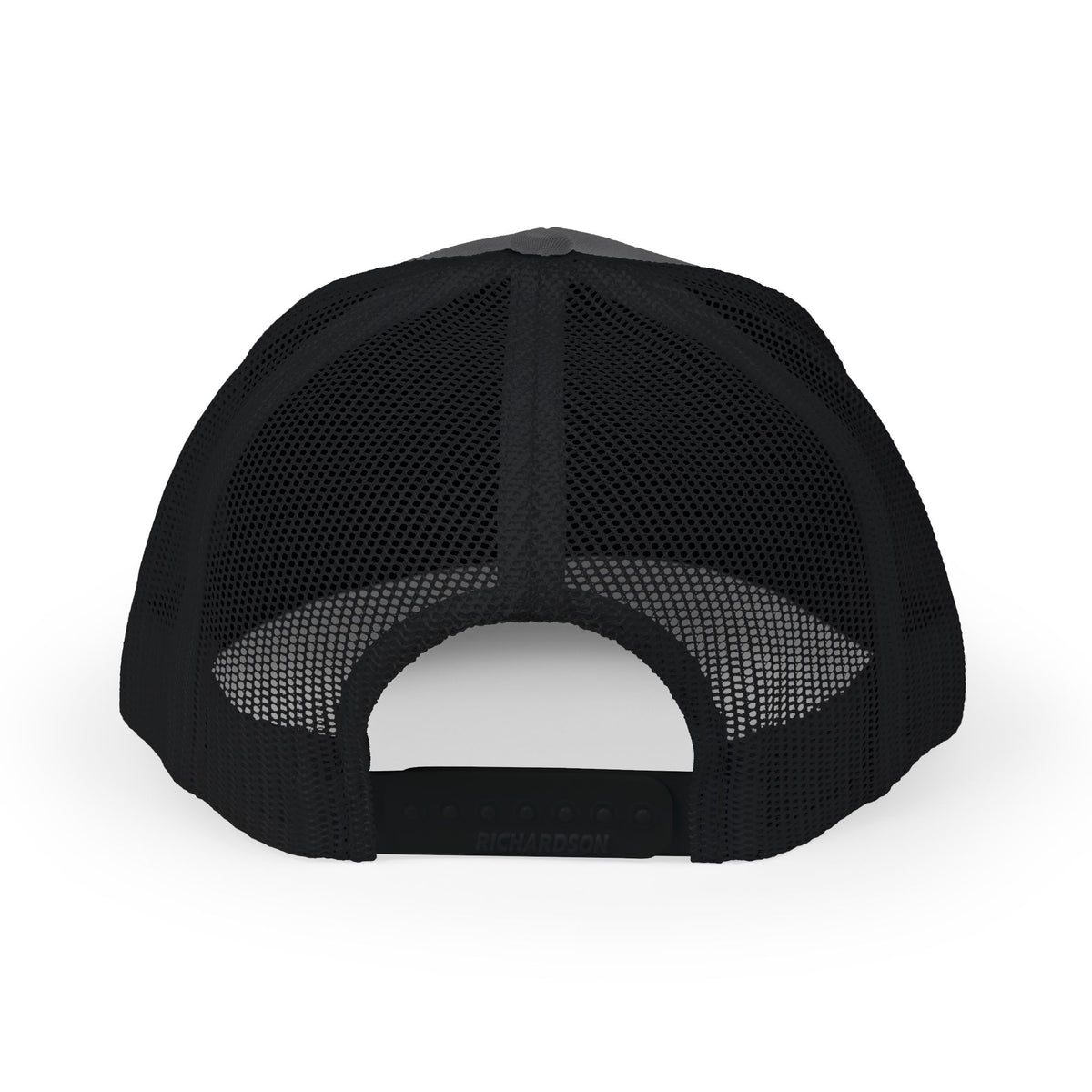 Black mesh back and adjustable snap closure of the River House Chinook Salmon trucker hat