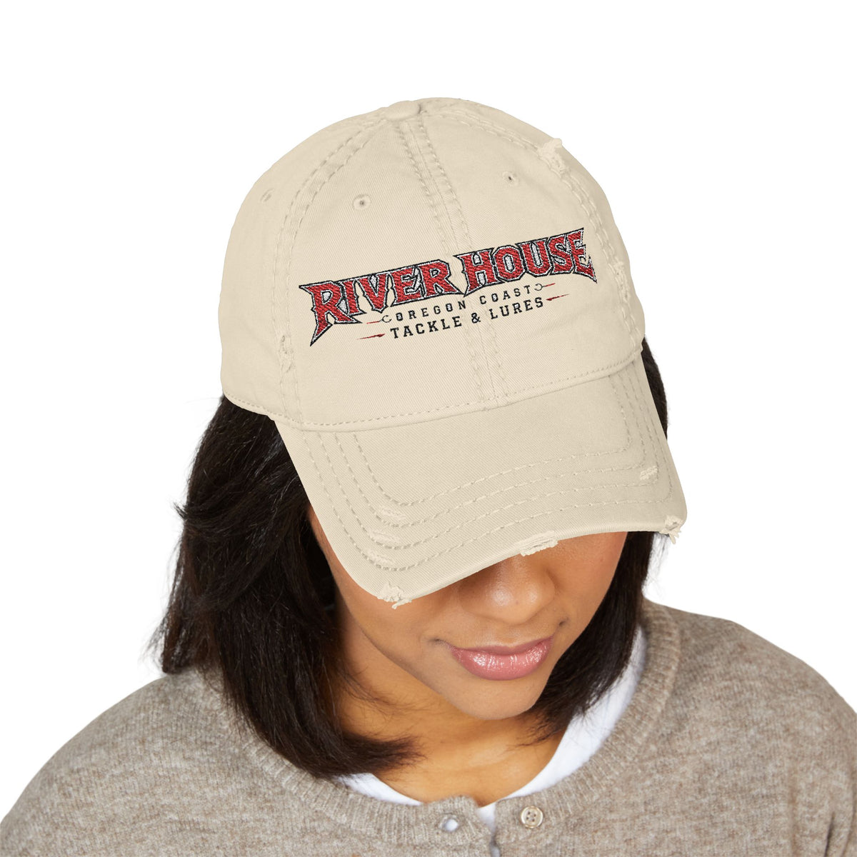 River House Embroidered Distressed Dad Hat — Oregon Coast Tackle & Lures Cap – River House Tackle Co. product view 3