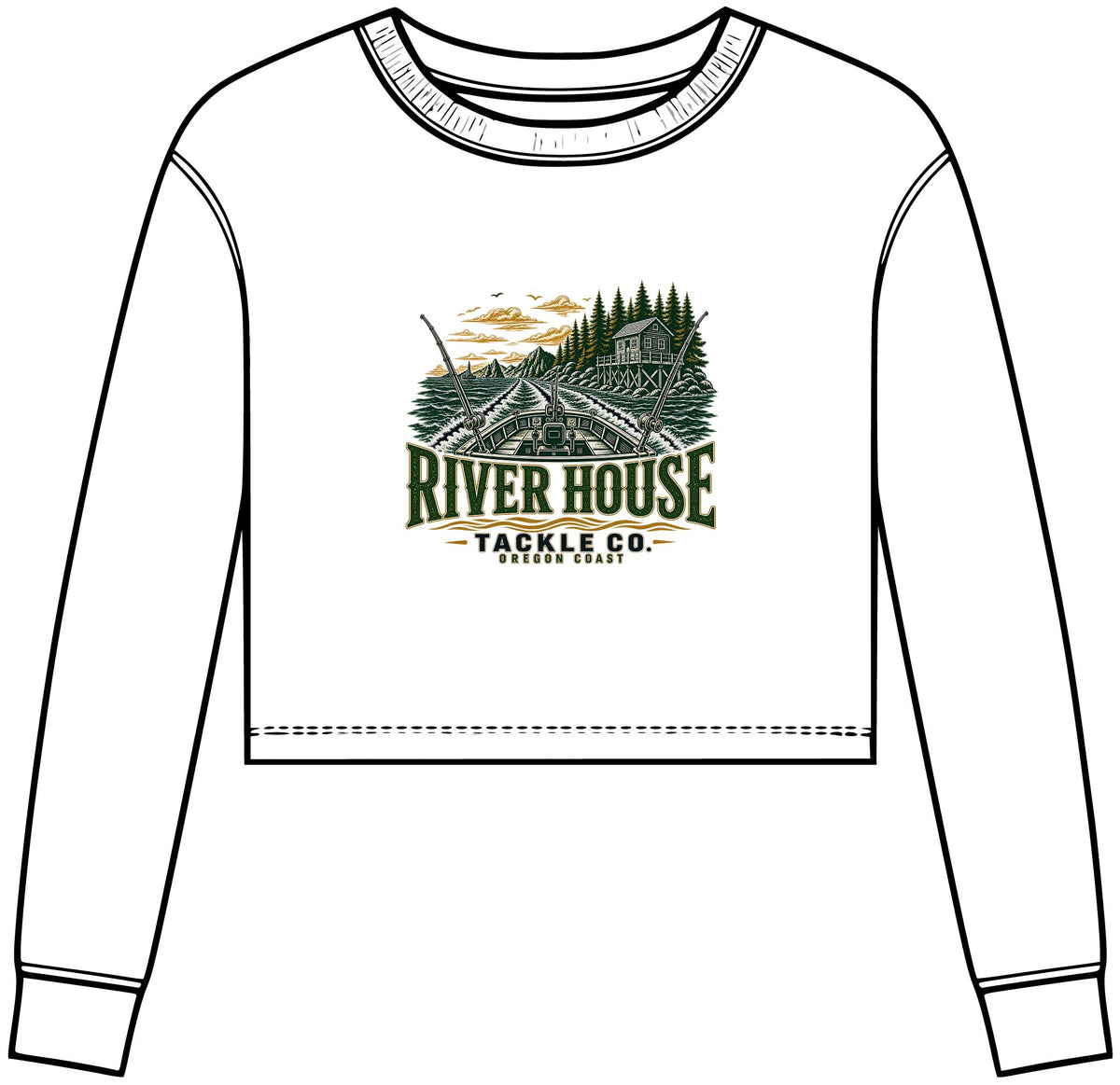 River House Tackle Co. Women's Cropped Long Sleeve Tee — Rustic Fishing Cabin Graphic – River House Tackle Co. product view 1