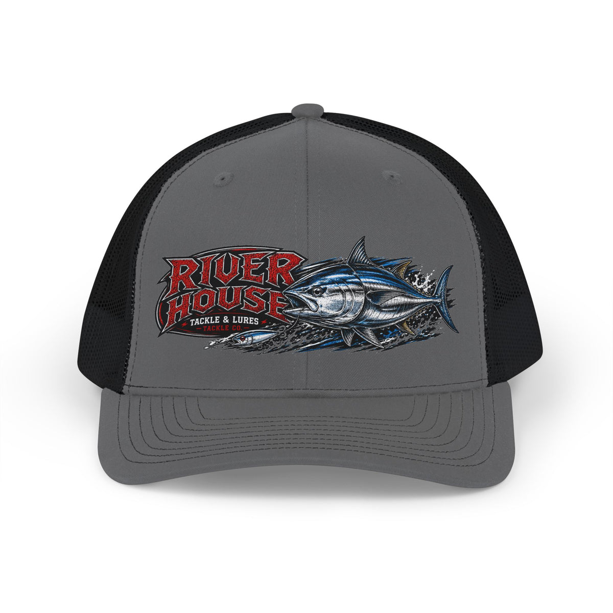 Charcoal and black River House Albacore Tuna trucker hat, front view with tuna graphic