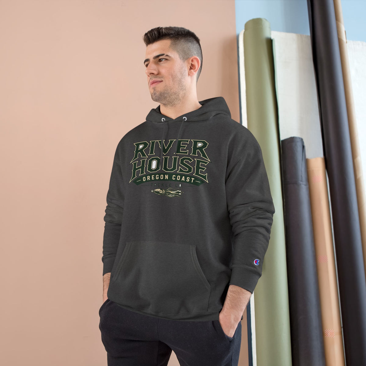 River House Salmon Lodge Champion Hoodie – River House Tackle Co. product view 6