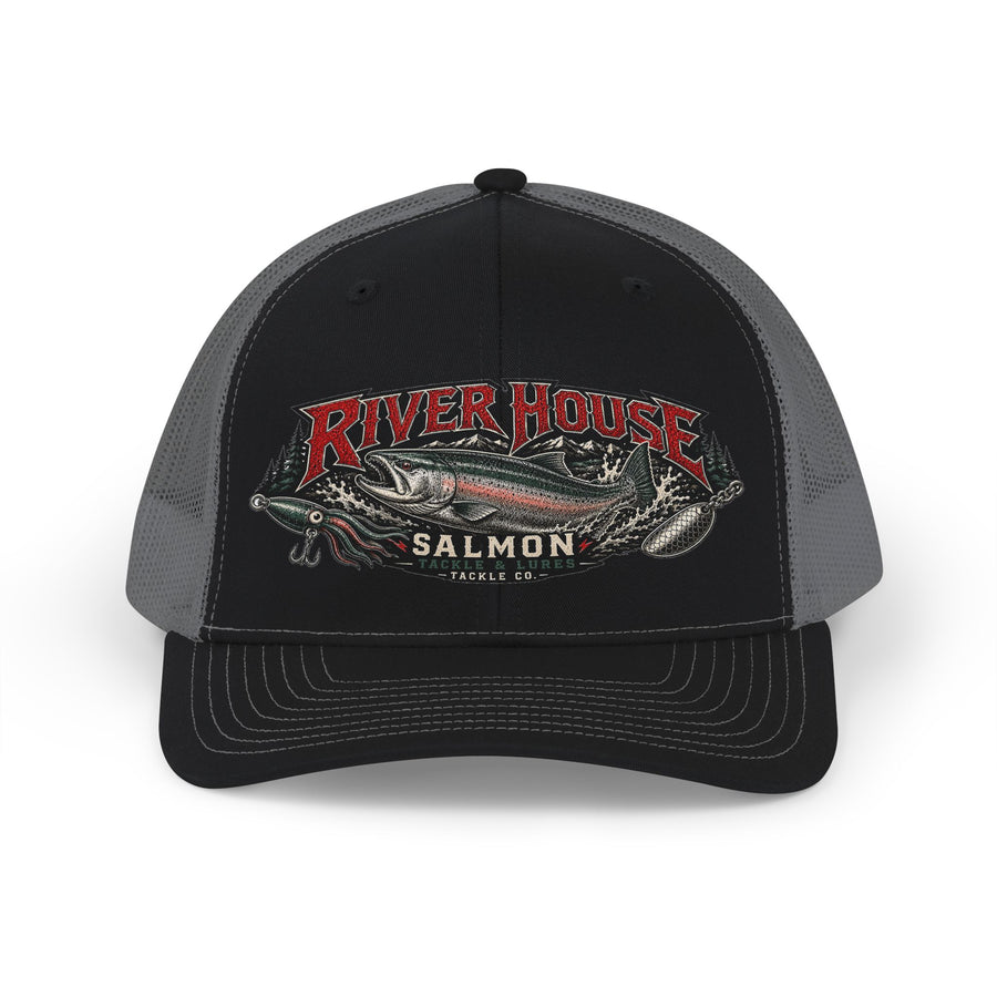 Black and gray River House Chinook Salmon trucker hat, front view with salmon graphic