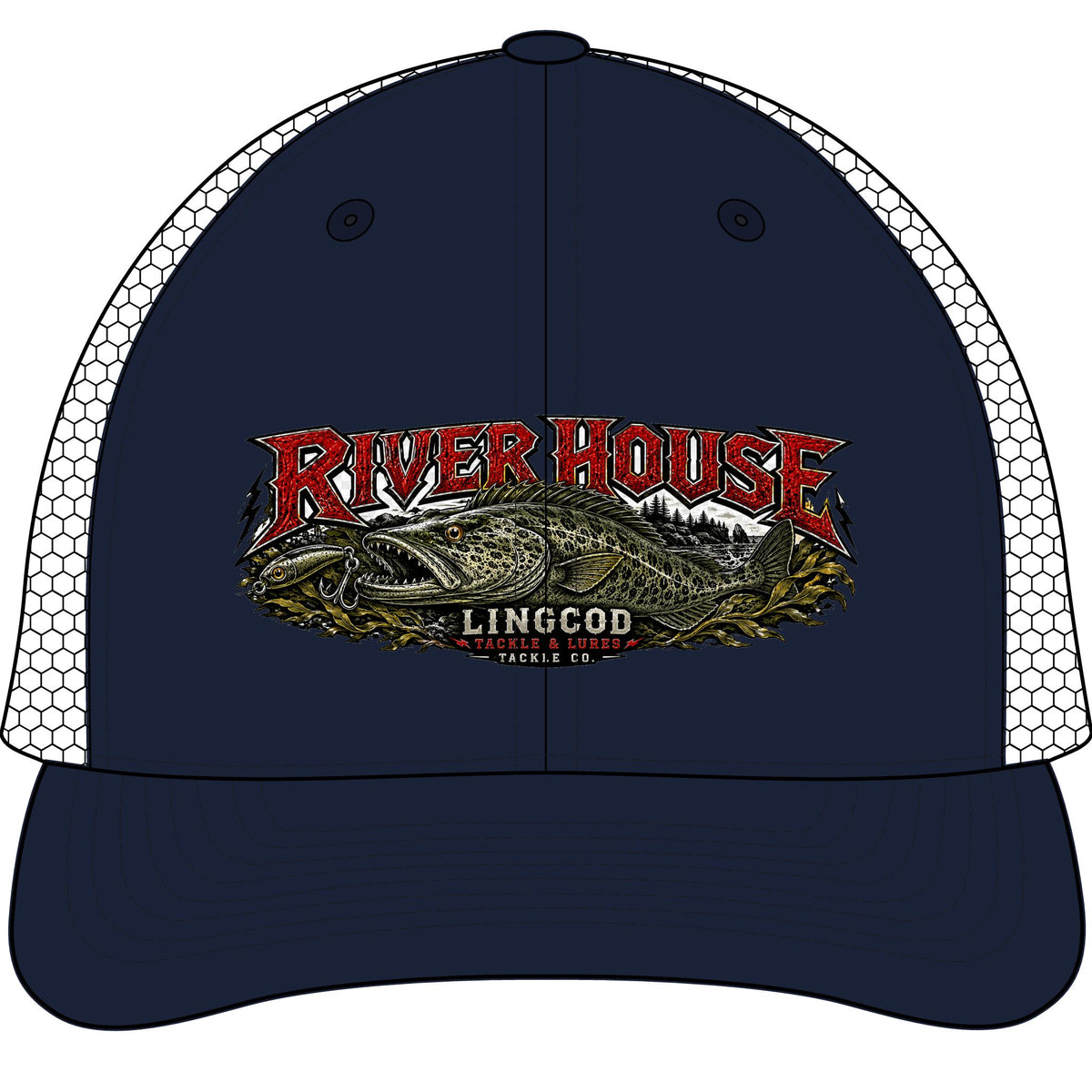 River House Lingcod No-Button Trucker Hat — front view