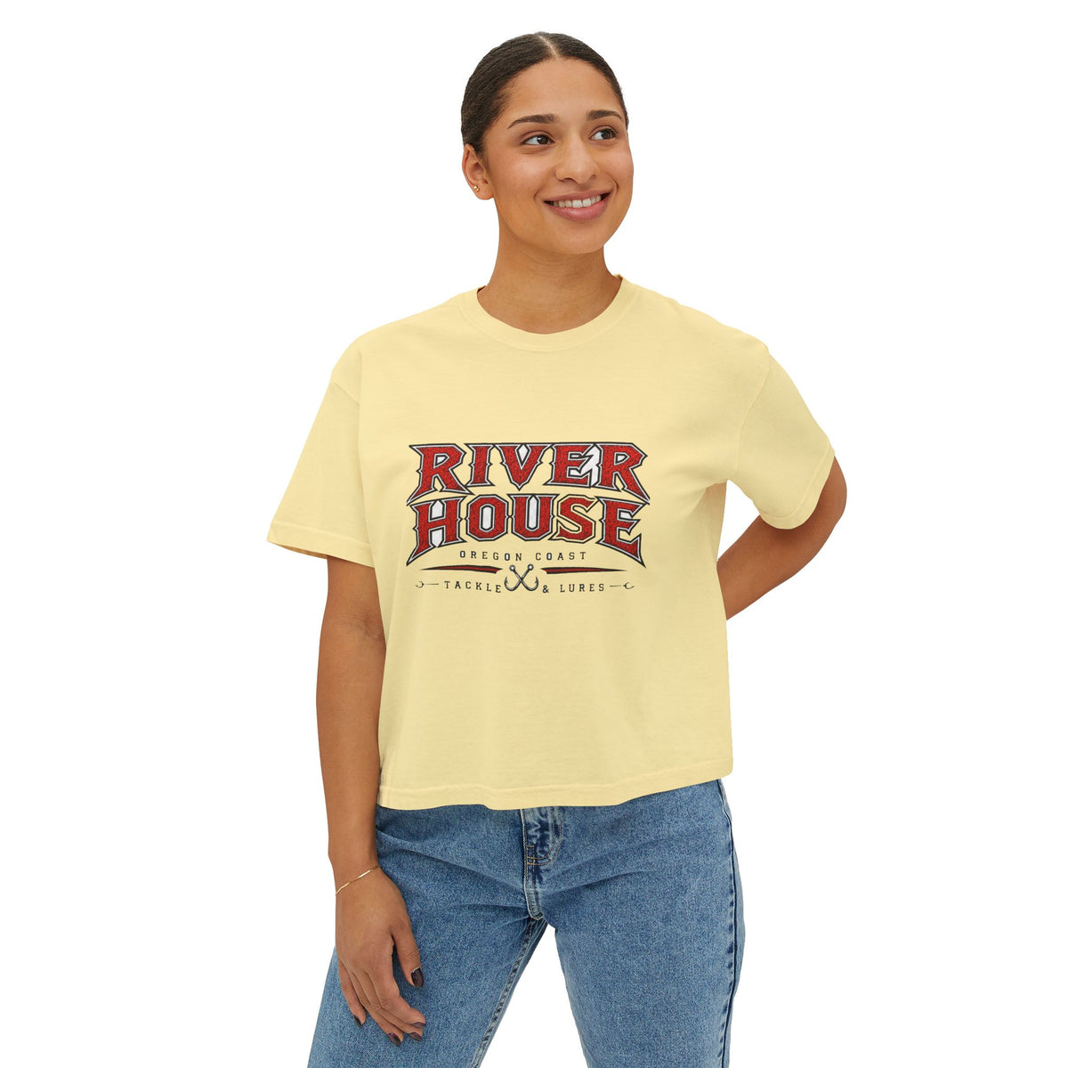 River House Fishing Tee — Women's Boxy Shirt with Vintage Fish Graphic – River House Tackle Co. product view 3