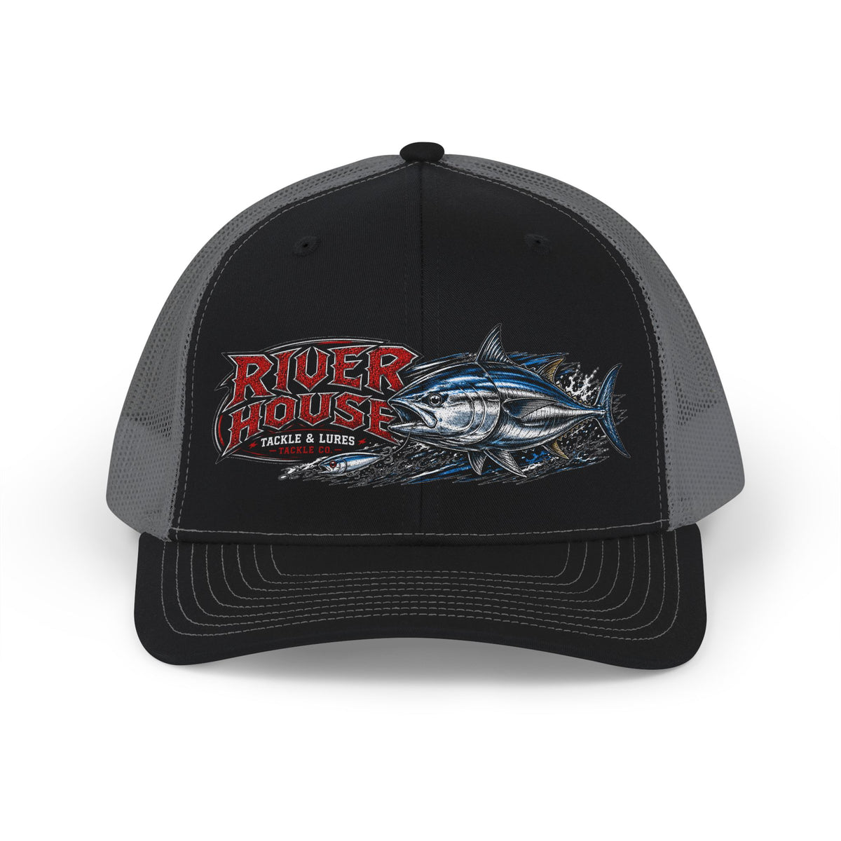 Black and gray River House Albacore Tuna trucker hat, front view with tuna graphic