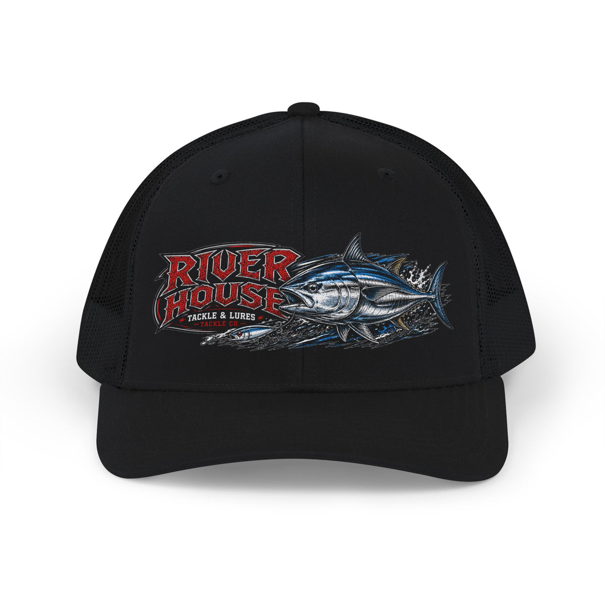 Black River House Albacore Tuna trucker hat, front view with tuna graphic