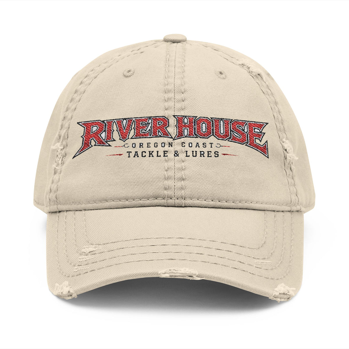 River House Embroidered Distressed Dad Hat — Oregon Coast Tackle & Lures Cap – River House Tackle Co. product view 1