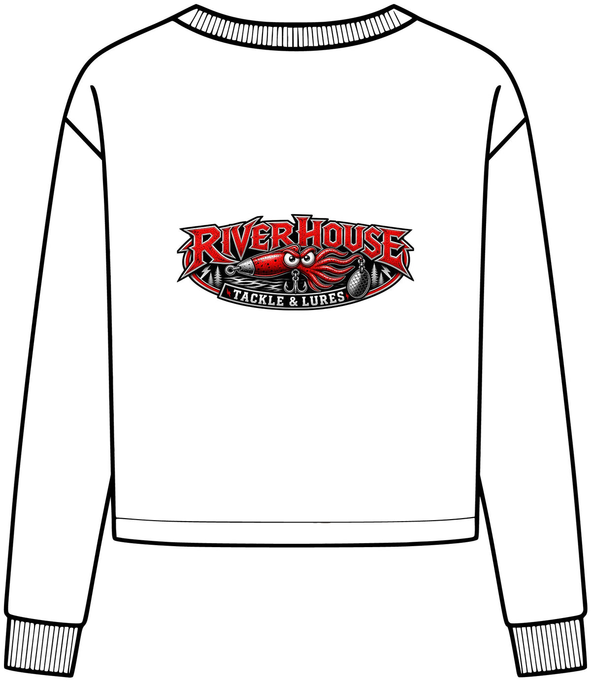 River House Tackle Co. Women's Cropped Long Sleeve Tee — Rustic Fishing Cabin Graphic – River House Tackle Co. product view 2
