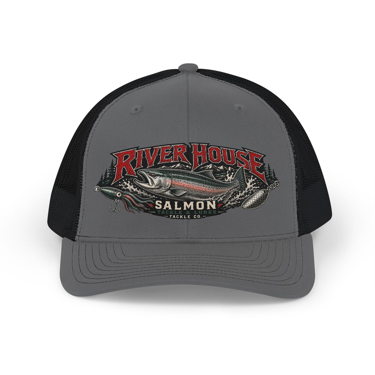 Charcoal and black River House Chinook Salmon trucker hat, front view with salmon graphic