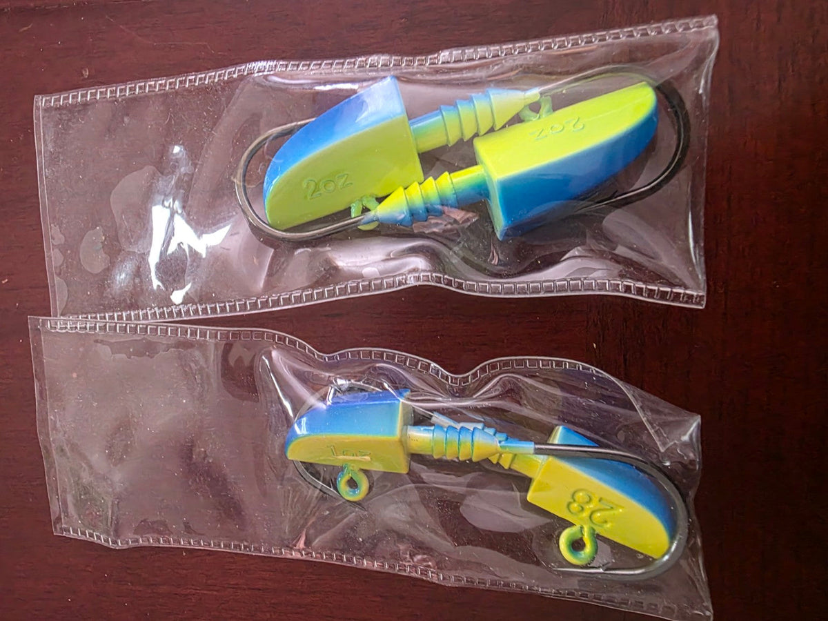 Blue Green lead jig heads packaged in two-piece packs