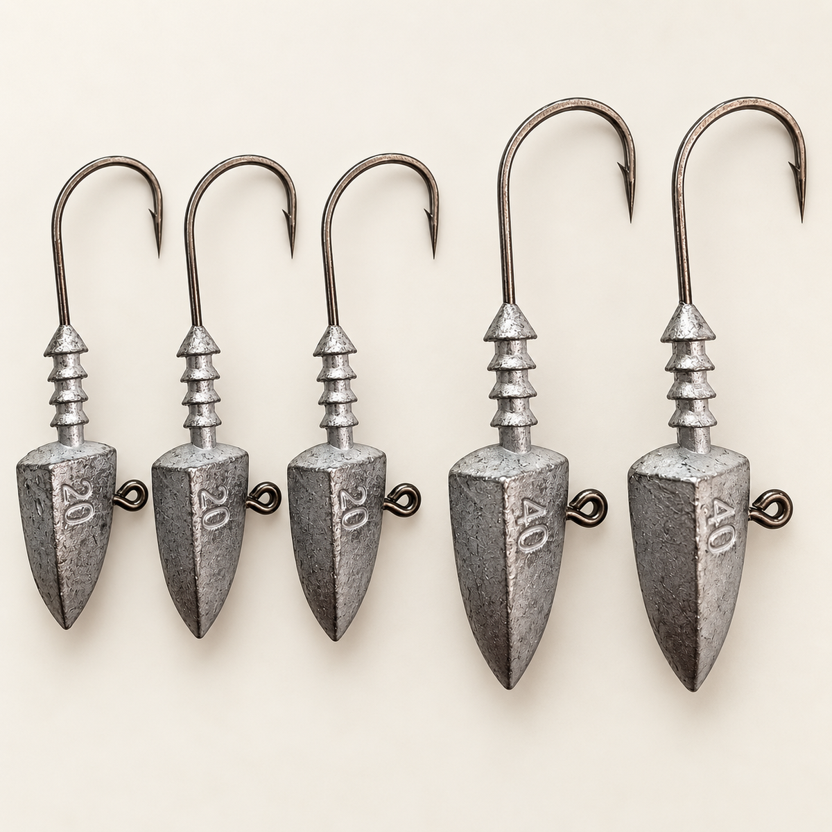 Three 20 gram and two 40 gram unpainted lead jig heads