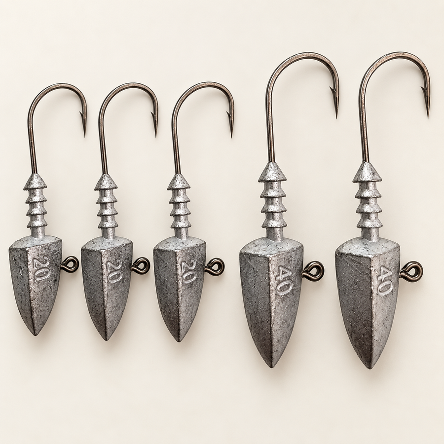 Three 20 gram and two 40 gram unpainted lead jig heads